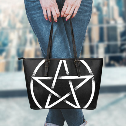 Black And White Pentagram Symbol Print Leather Tote Bag