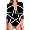 Black And White Pentagram Symbol Print Long Sleeve Swimsuit