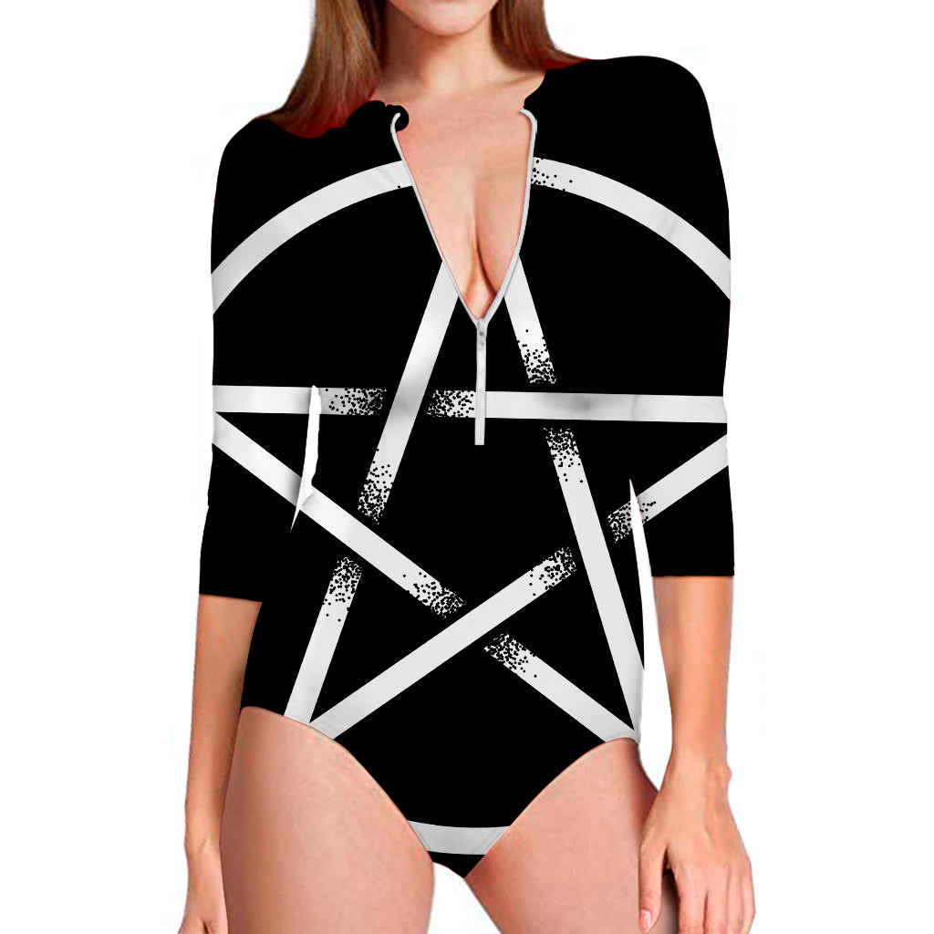 Black And White Pentagram Symbol Print Long Sleeve Swimsuit