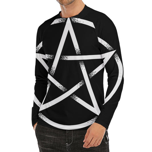 Black And White Pentagram Symbol Print Men's Long Sleeve Rash Guard