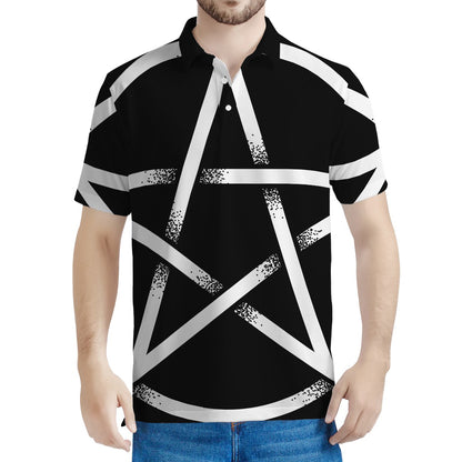 Black And White Pentagram Symbol Print Men's Polo Shirt