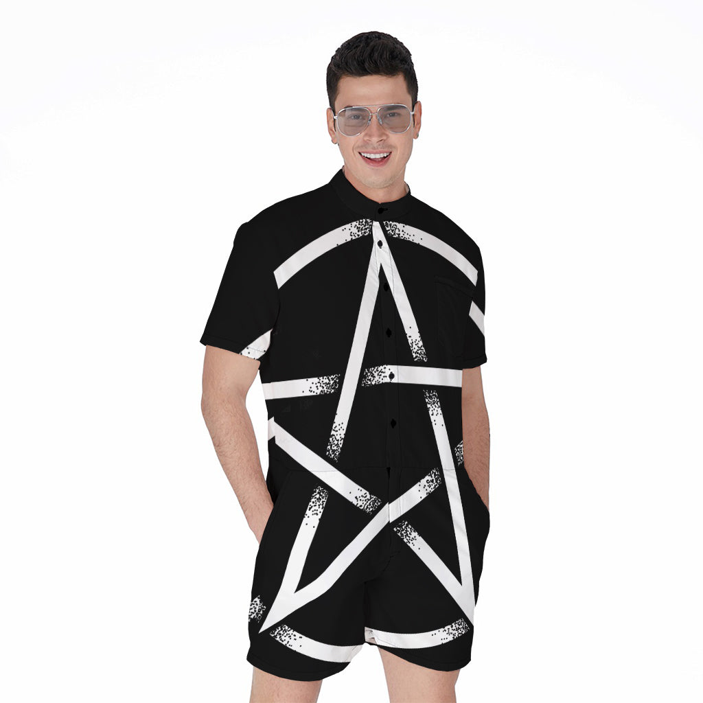 Black And White Pentagram Symbol Print Men's Rompers