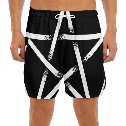 Black And White Pentagram Symbol Print Men's Split Running Shorts