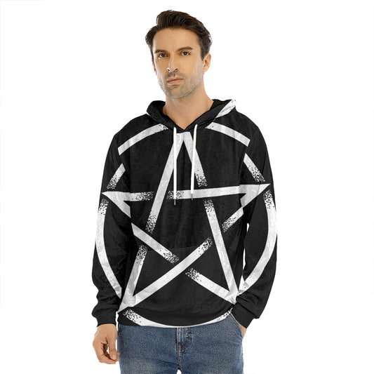 Black And White Pentagram Symbol Print Men's Velvet Pullover Hoodie