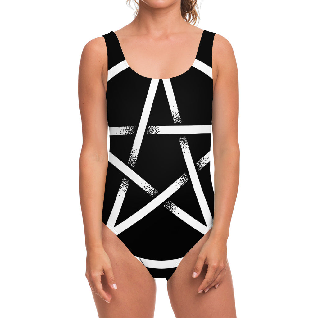 Black And White Pentagram Symbol Print One Piece Swimsuit