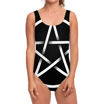 Black And White Pentagram Symbol Print One Piece Swimsuit