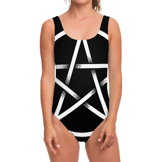 Black And White Pentagram Symbol Print One Piece Swimsuit