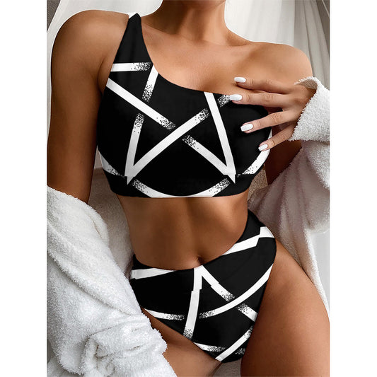 Black And White Pentagram Symbol Print One Shoulder Bikini Top