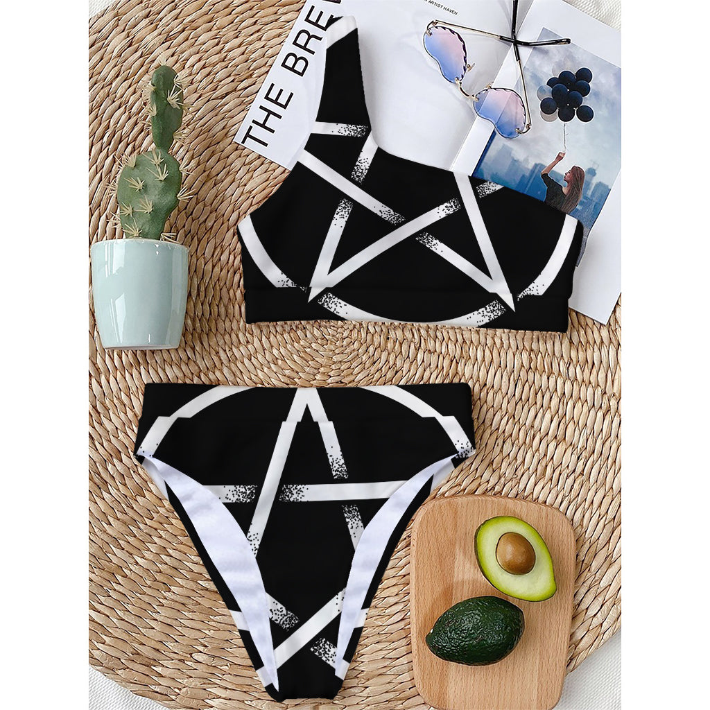 Black And White Pentagram Symbol Print One Shoulder Bikini Top
