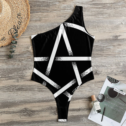 Black And White Pentagram Symbol Print One Shoulder Bodysuit
