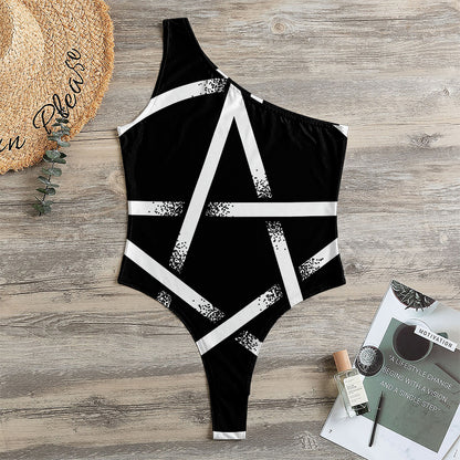 Black And White Pentagram Symbol Print One Shoulder Bodysuit