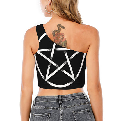 Black And White Pentagram Symbol Print One Shoulder Crop Top