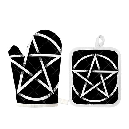 Black And White Pentagram Symbol Print Oven Mitt And Pot Holder Set