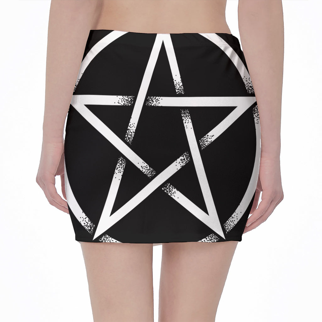 Black And White Pentagram Symbol Print Pencil Mini Skirt