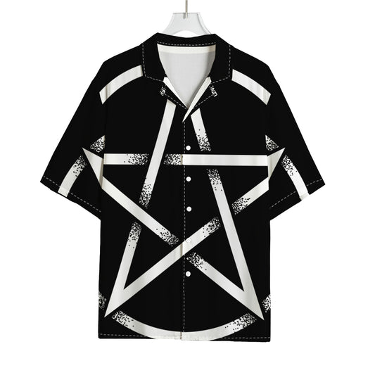 Black And White Pentagram Symbol Print Rayon Hawaiian Shirt
