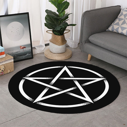 Black And White Pentagram Symbol Print Round Rug