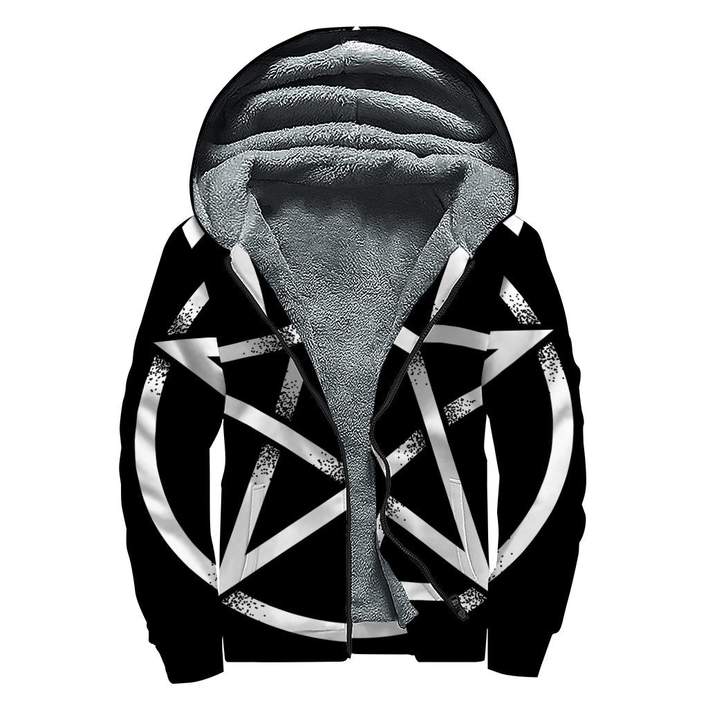 Black And White Pentagram Symbol Print Sherpa Lined Zip Up Hoodie