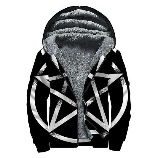 Black And White Pentagram Symbol Print Sherpa Lined Zip Up Hoodie