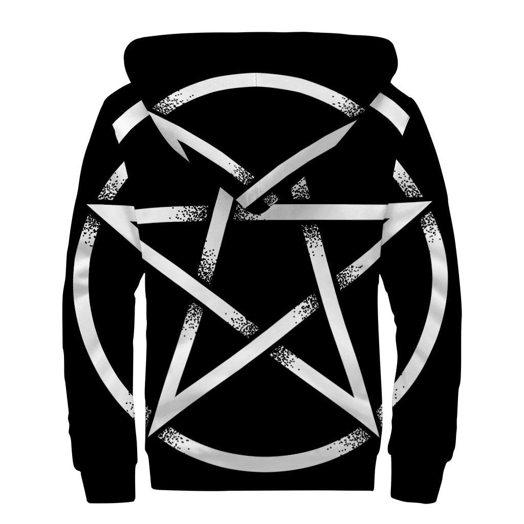 Black And White Pentagram Symbol Print Sherpa Lined Zip Up Hoodie