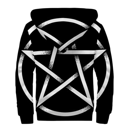Black And White Pentagram Symbol Print Sherpa Lined Zip Up Hoodie