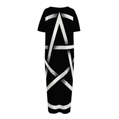 Black And White Pentagram Symbol Print Short Sleeve Long Nightdress