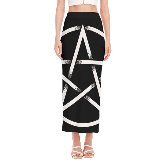 Black And White Pentagram Symbol Print Side Slit Maxi Skirt