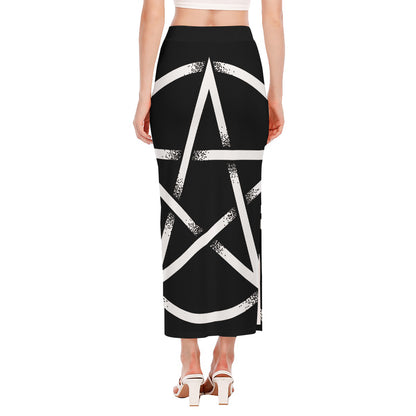 Black And White Pentagram Symbol Print Side Slit Maxi Skirt