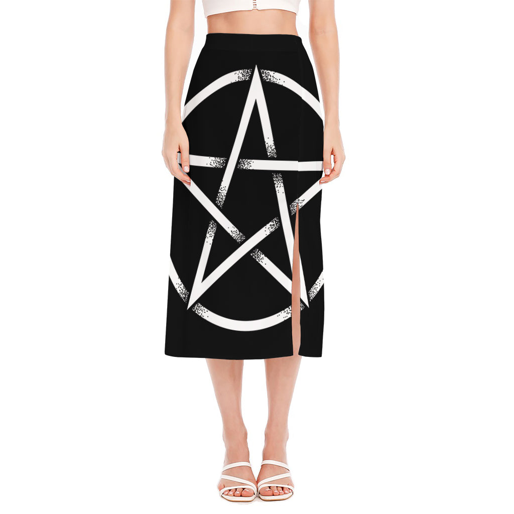 Black And White Pentagram Symbol Print Side Slit Midi Skirt