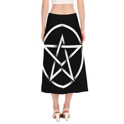 Black And White Pentagram Symbol Print Side Slit Midi Skirt
