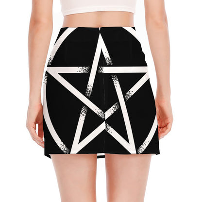 Black And White Pentagram Symbol Print Side Slit Mini Skirt