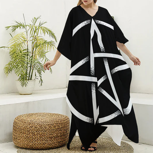 Black And White Pentagram Symbol Print Silk V-Neck Kaftan Dress