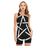 Black And White Pentagram Symbol Print Sleeveless One Piece Swimsuit
