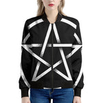 Black And White Pentagram Symbol Print Women's Bomber Jacket