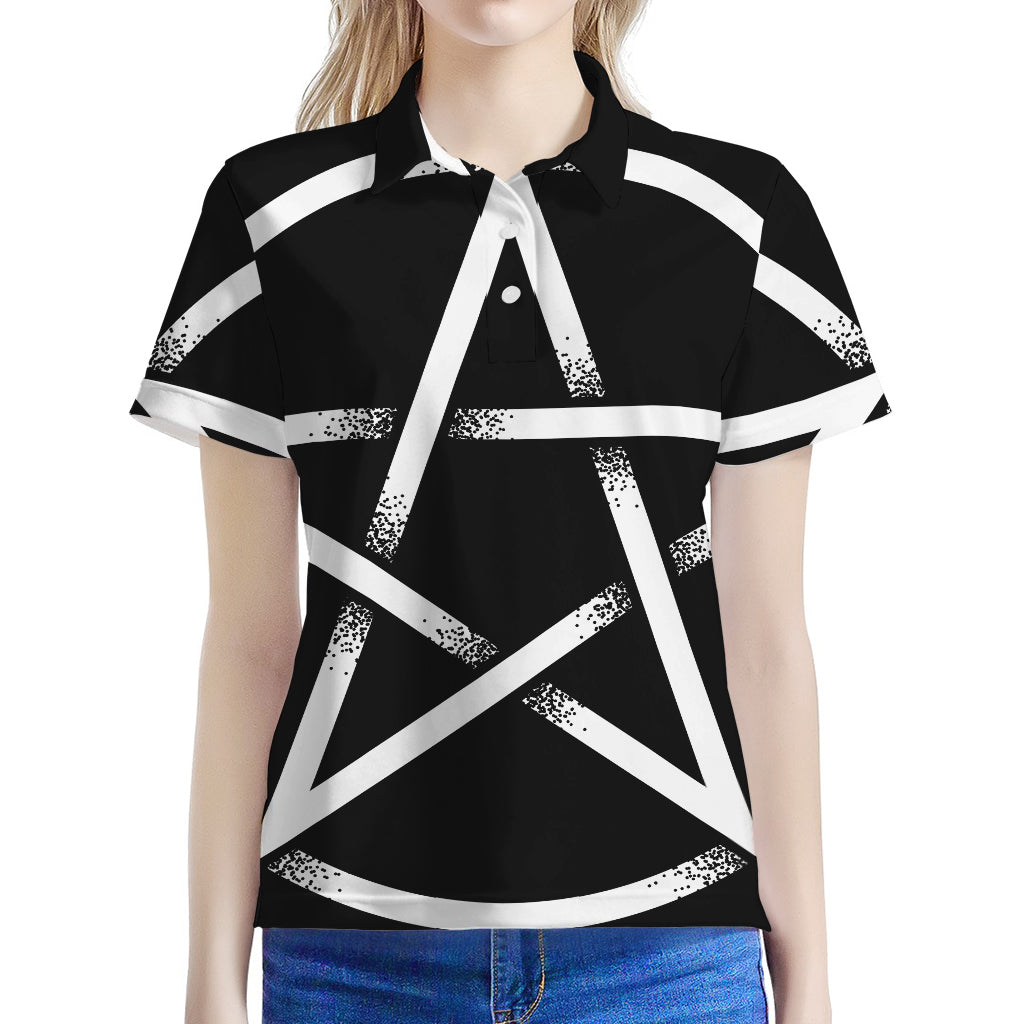 Black And White Pentagram Symbol Print Women's Polo Shirt