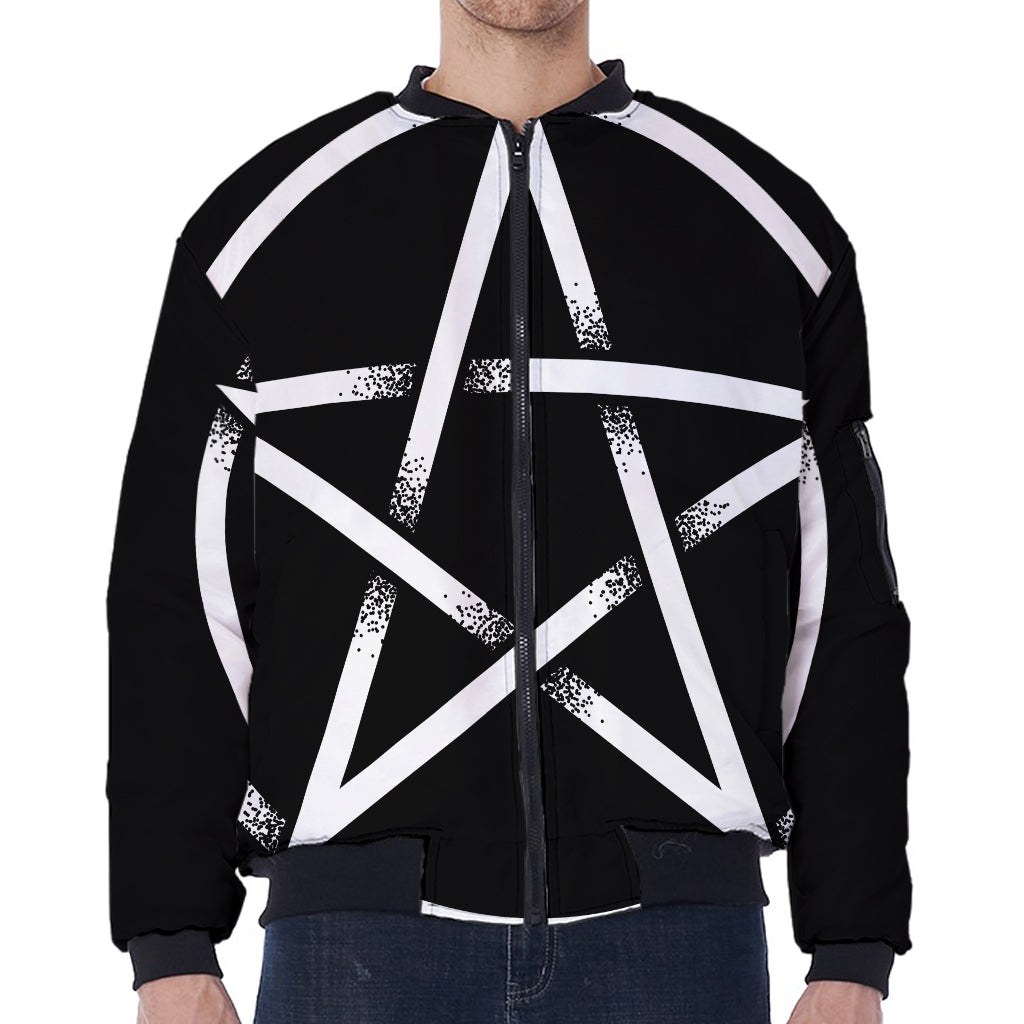 Black And White Pentagram Symbol Print Zip Sleeve Bomber Jacket