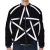 Black And White Pentagram Symbol Print Zip Sleeve Bomber Jacket