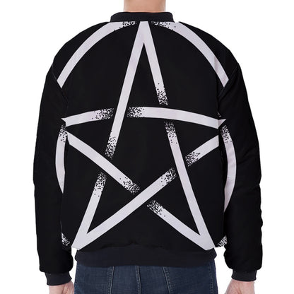 Black And White Pentagram Symbol Print Zip Sleeve Bomber Jacket