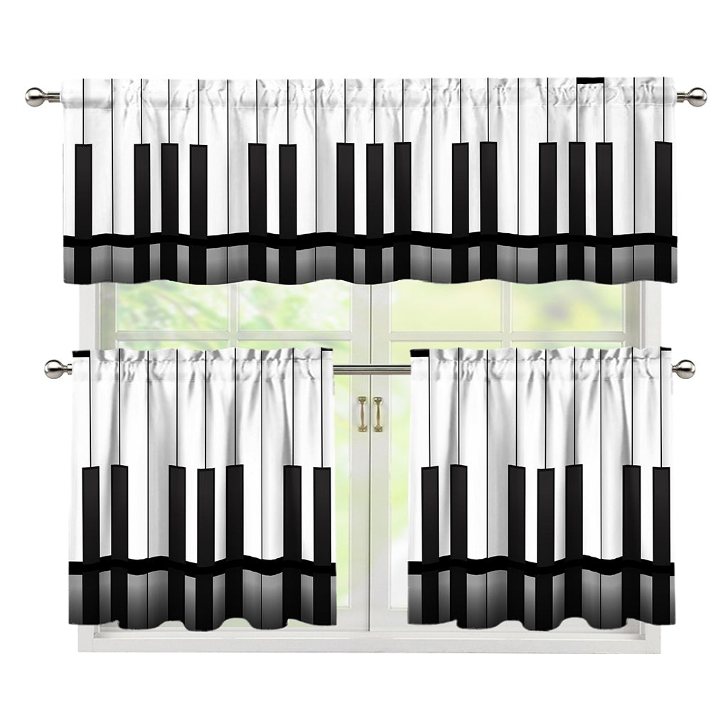 Black And White Piano Keyboard Print 3 Piece Kitchen Curtains