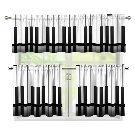 Black And White Piano Keyboard Print 3 Piece Kitchen Curtains