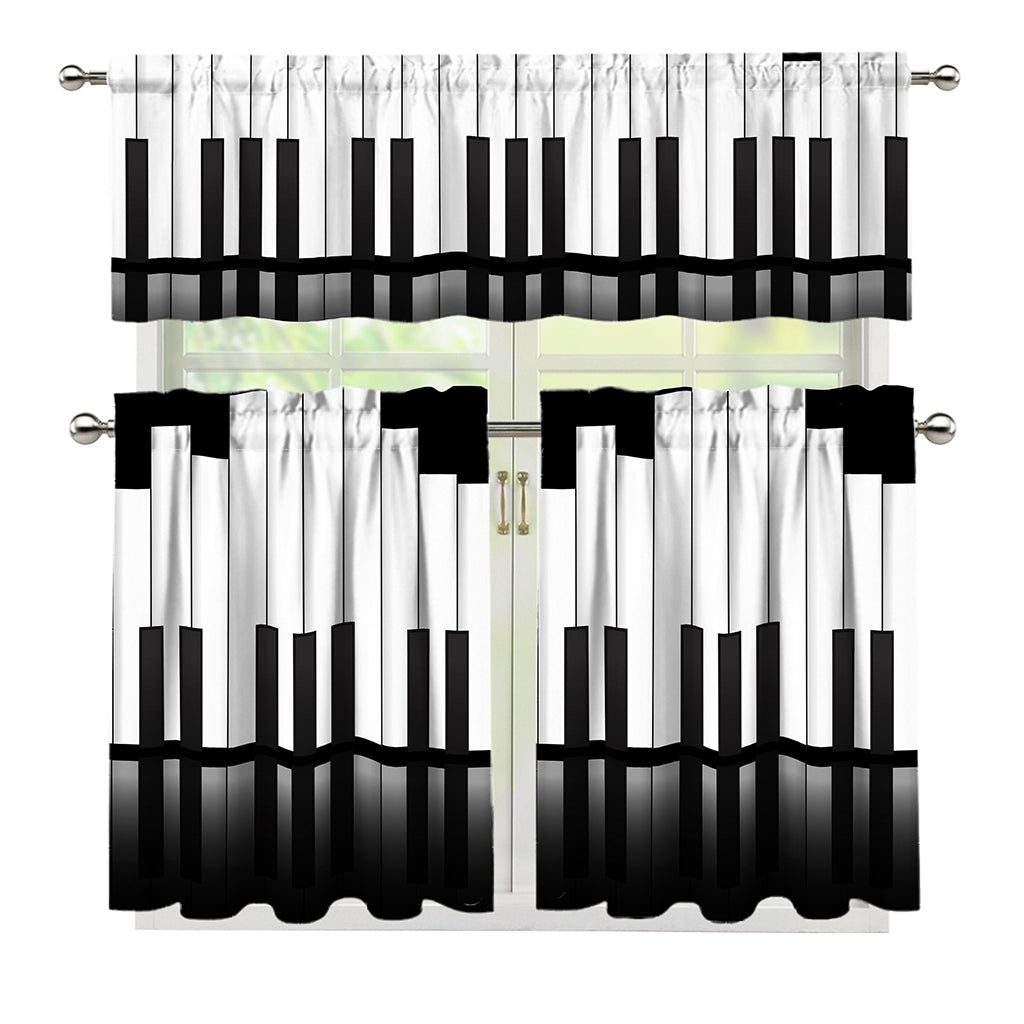 Black And White Piano Keyboard Print 3 Piece Kitchen Curtains