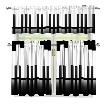 Black And White Piano Keyboard Print 3 Piece Kitchen Curtains