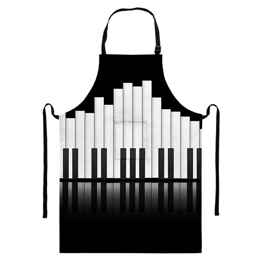 Black And White Piano Keyboard Print Bib Apron With Pocket