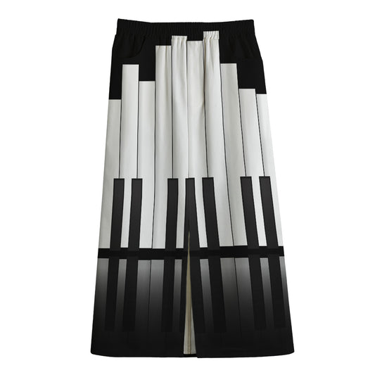 Black And White Piano Keyboard Print Cotton Front Slit Maxi Skirt