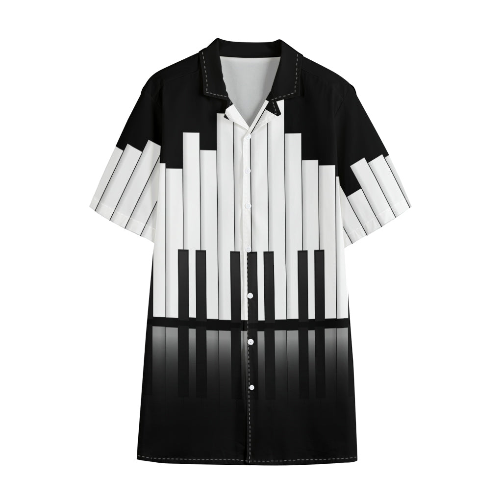 Black And White Piano Keyboard Print Cotton Hawaiian Shirt