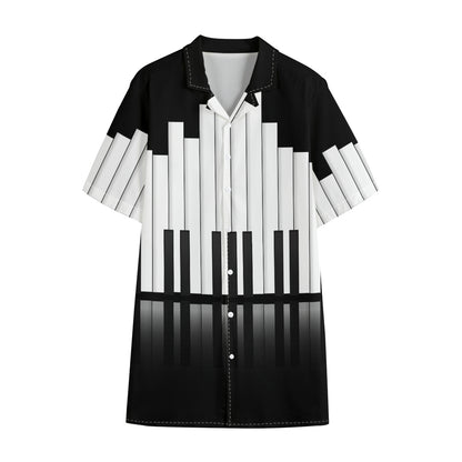 Black And White Piano Keyboard Print Cotton Hawaiian Shirt