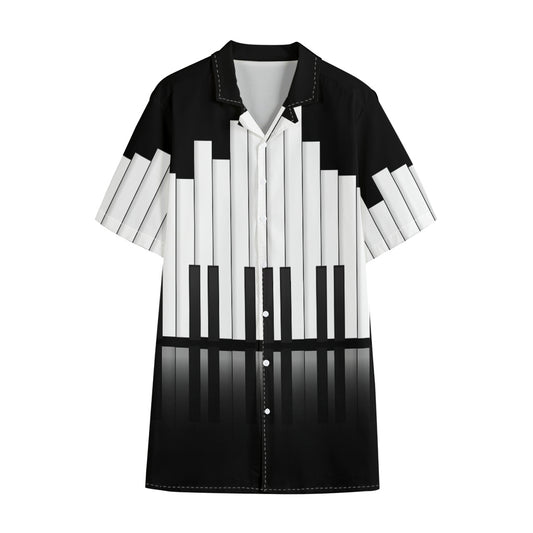Black And White Piano Keyboard Print Cotton Hawaiian Shirt
