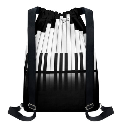 Black And White Piano Keyboard Print Drawstring Backpack