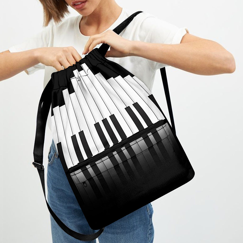 Black And White Piano Keyboard Print Drawstring Backpack