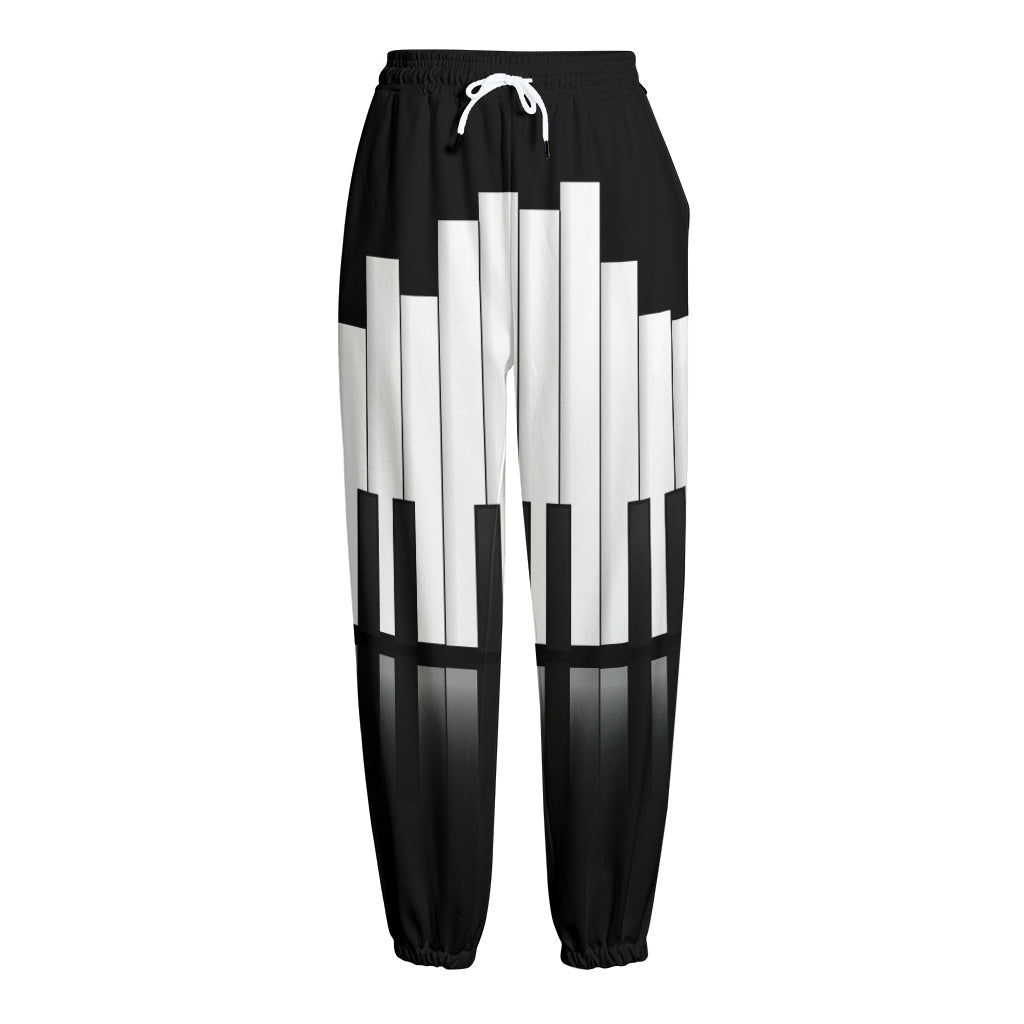 Black And White Piano Keyboard Print Fleece Lined Knit Pants