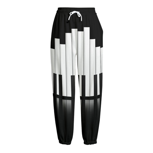 Black And White Piano Keyboard Print Fleece Lined Knit Pants